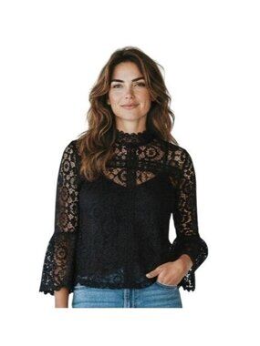Beulah Style Black Lace Mock Neck Top - Trumpet Sleeve Romantic Blouse - Size S